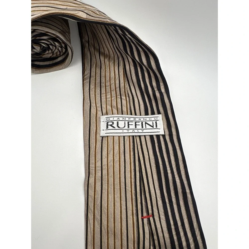 Gianfranco Ruffini Mens Silk Tie Tan Brown Black Geometric Abstract Stripe Italy